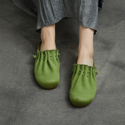 春夏真皮手工褶皱软底包头半拖鞋