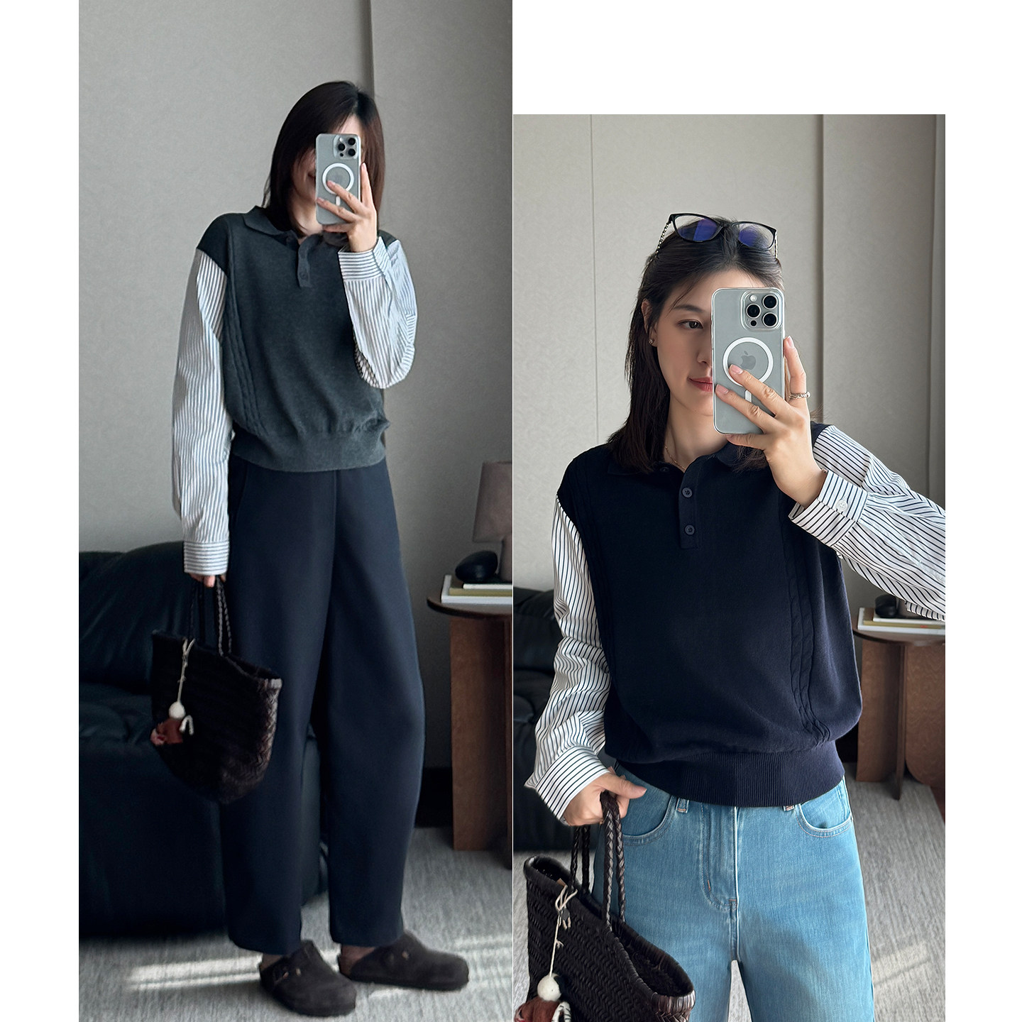 高级感polo领羊毛针织衫秋季假两件拼接条纹麻花百搭显瘦长袖上衣