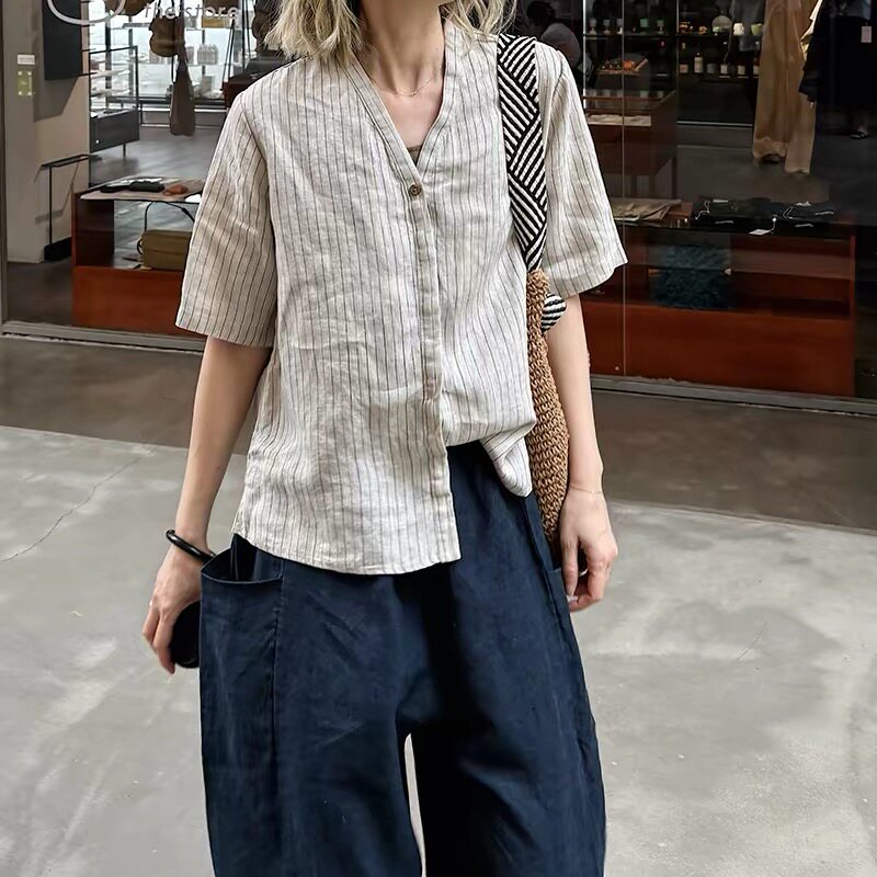 大码亚麻条纹宽松衬衫
