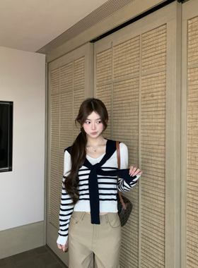 BBen 海盐奶盖 披肩V领条纹针织衫女2026夏季新款宽松休闲小上衣