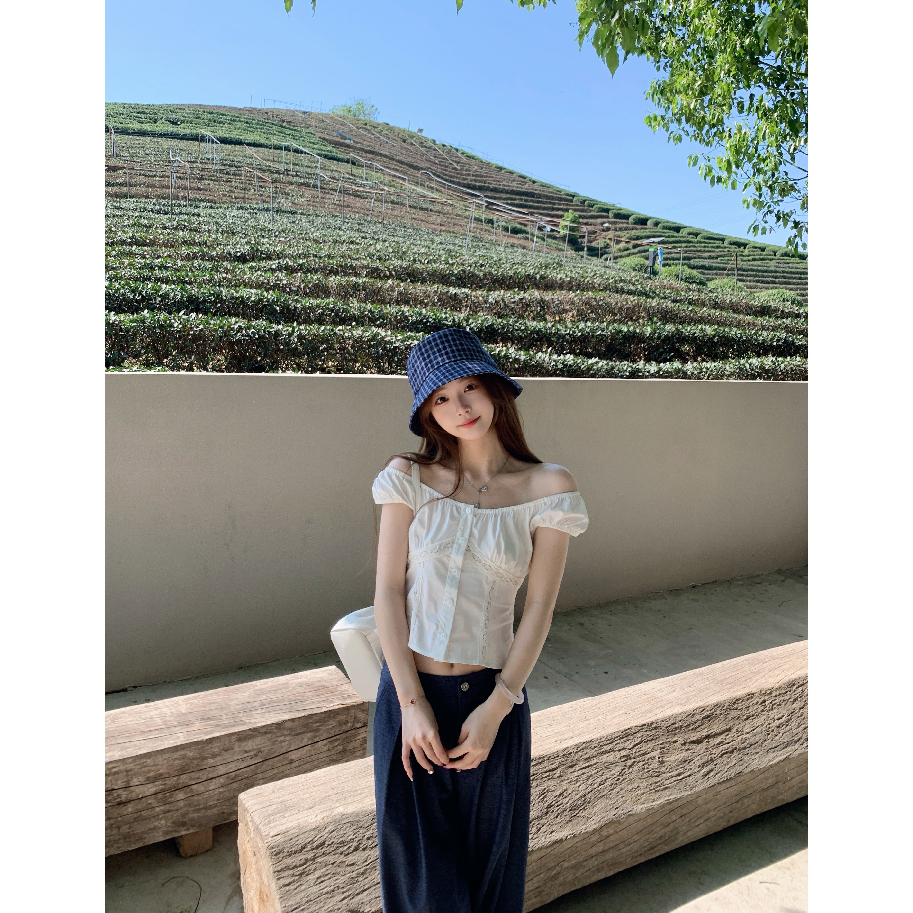 BBen 南笙夏日 白色一字领小衫女夏2025新款设计感小众法式上衣