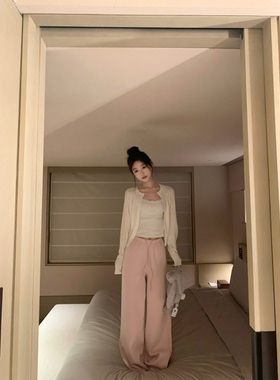 BBen 粉色休闲直筒裤女2026夏季新款高腰显高弹力裸感显瘦阔腿裤