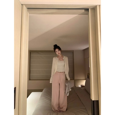 BBen 粉色休闲直筒裤女2026夏季新款高腰显高弹力收腰显瘦阔腿裤