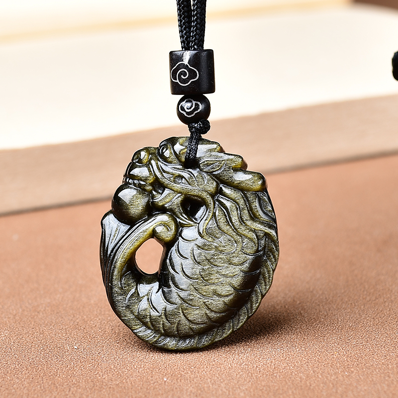 溪奇珠宝天然黑曜石龙鱼吊坠