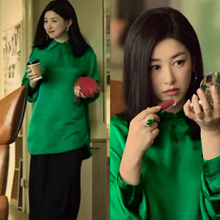 玫瑰的故事朱珠同款新中式衬衫时尚缎面翡翠绿国风气质中长款衬衣
