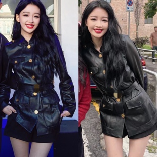 pu皮外套时髦气质立领中长款 收腰帅气修身 皮衣 周孙怡同款 米兰时装