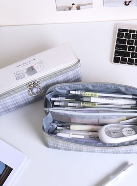 99CREAT日系幽灵猫对角开双分格笔袋初中生高中生经典小方包