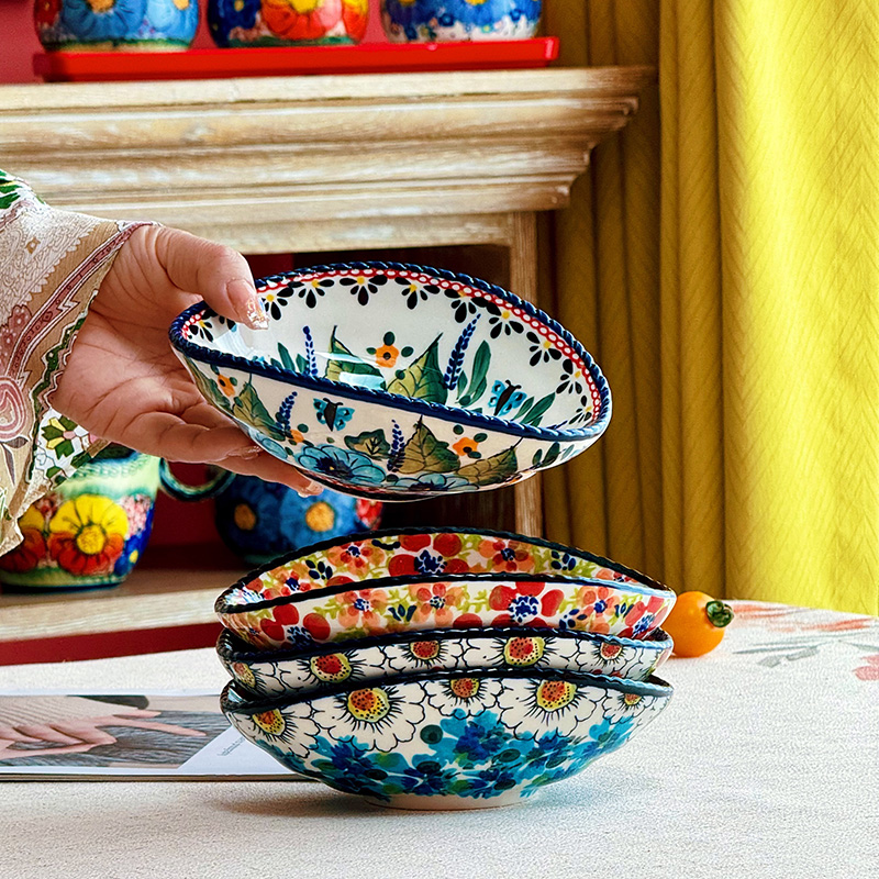 波兰风手绘釉下彩陶瓷元宝碗果盘