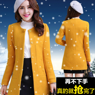 秋冬女装新款韩版保暖加厚呢子大衣修身中长款圆领毛呢外套