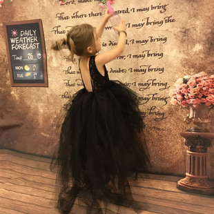 儿童万圣节服装女童黑色露背蕾丝走秀V字晚礼服钢琴演出燕尾礼服