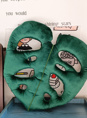 ins北欧风绿色植物树叶抱枕沙发靠垫简约现代风格绿白叶子枕头