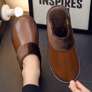 海宁真皮面棉拖鞋秋冬季居家室内男女士厚底防滑保暖羊皮拖鞋家用