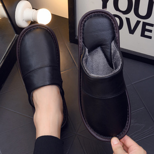 时尚风格牛皮棉拖鞋男女室内家居真皮面保暖防滑厚底秋冬季居家鞋