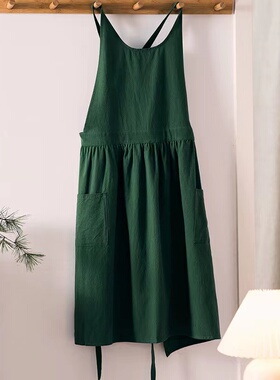 外贸家用圆领棉麻围裙可印LOGO日系韩版园艺花店咖啡厅厨房围腰兜