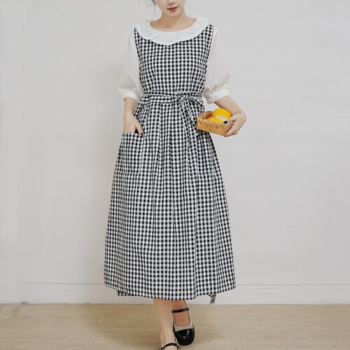 围裙棉防污手工日系格子