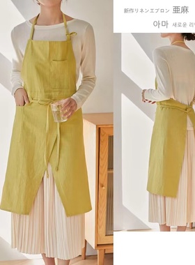亚马逊韩版亚麻围裙花艺厨房罩衣烘焙美术美甲奶茶咖啡师围腰兜