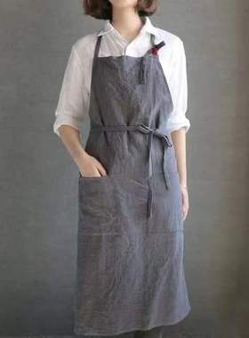 棉麻围裙男女定制logo印字日式家用厨房挂脖工作服烘焙咖啡店花艺