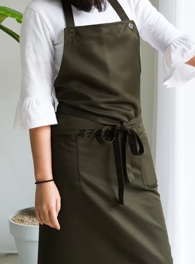 外贸出口韩国涤纶围裙纽扣款式烘焙厨房罩衣美术美甲奶茶咖啡围兜