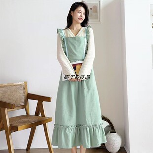 工作围兜加长棉麻家用厨房围裙女田园文艺园艺美术生花艺油画罩衣