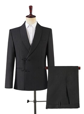 新选中式盘d扣西服男士青果领黑色影楼婚纱照礼服中国风修身演出