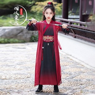 新选女童古装汉服仙侠儿童花v木兰服装中国风武侠cos剑客演出红色