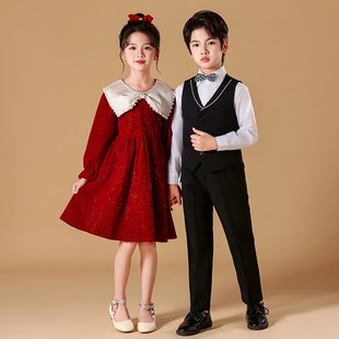 新选元旦儿童合唱演出服小学生朗诵比赛红色O礼服主持人服装冬季