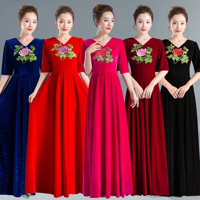 新品金丝绒长款大合唱演出服成人中老O年合唱团礼服舞台表演