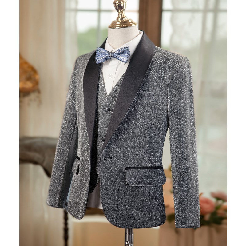 新选儿童西装套h装男童亮片儿童主持人礼服钢琴演出服灰色走秀模