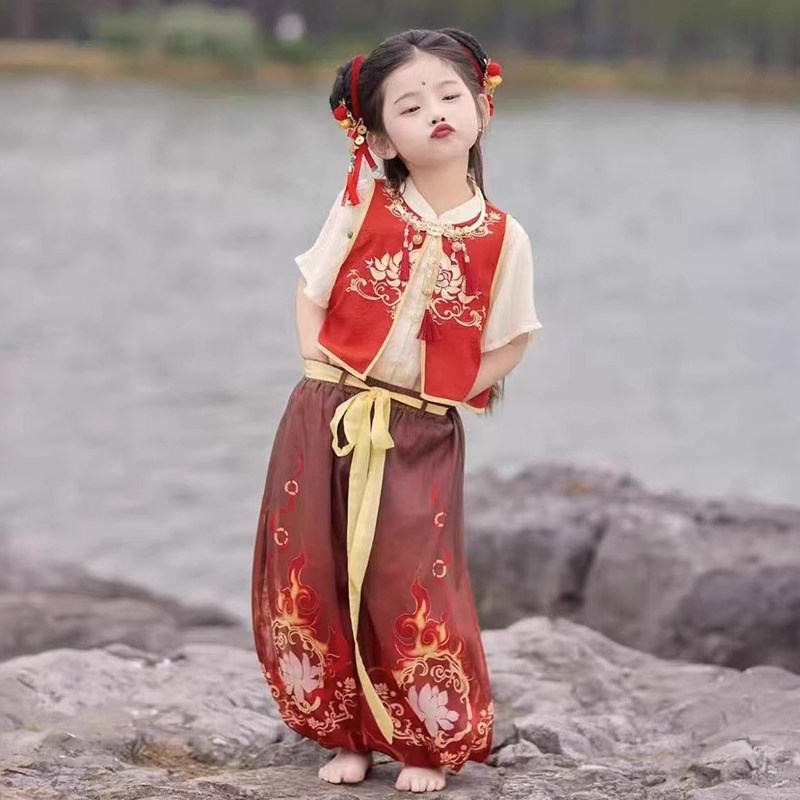 新选女童b哪咤同款夏款cos服舞蹈服中国风男童汉服儿童哪吒服装演