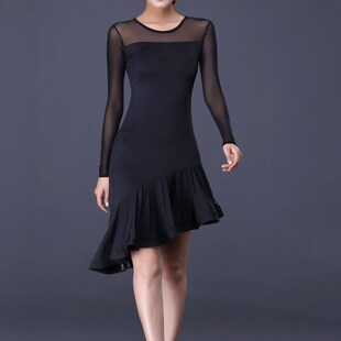 新品拉丁舞服装女成人新款练功服夏季表演出M跳舞蹈冬季连衣裙短