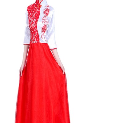 新选青花b瓷大合唱演出服装成人中老年民乐古筝二胡朗诵表演服男