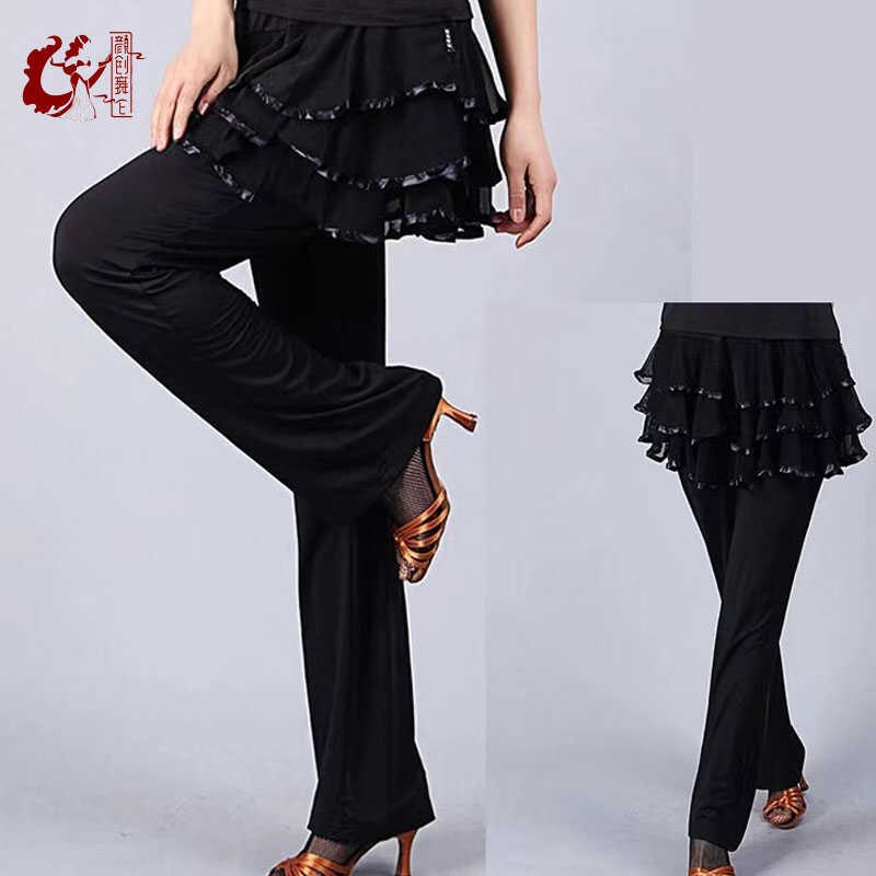 新选广场舞服装裙裤女长裤秋季新款跳G舞蹈练功三层网纱拉丁舞裙