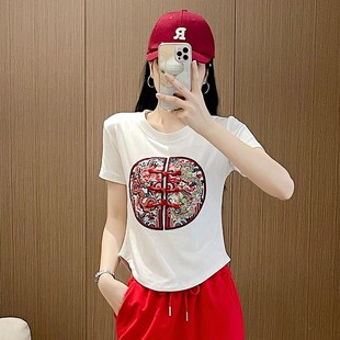 新品新款夏季广场k舞服装上衣短袖刺绣中国风舞台大妈健身操曳步