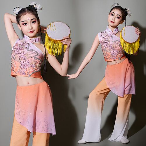 新品儿童鼓铃清清演出服钱鼓舞舞蹈E服装少儿春嬉铃鼓绣影叠香手