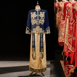 新品男士秀禾服夏季新郎男装中式结婚H礼服新款蓝色秀和服龙凤挂