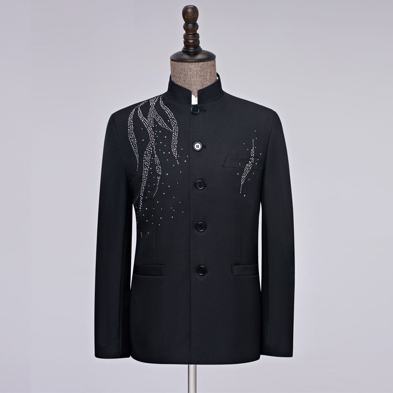 新选新中式立领中山装司仪亮钻西服套H装主持人舞台表演礼服演出