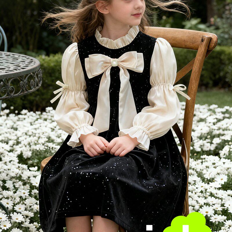 精选女童秋冬丝绒连衣裙儿童生日表演加绒礼O服女孩蝴蝶结泡泡袖