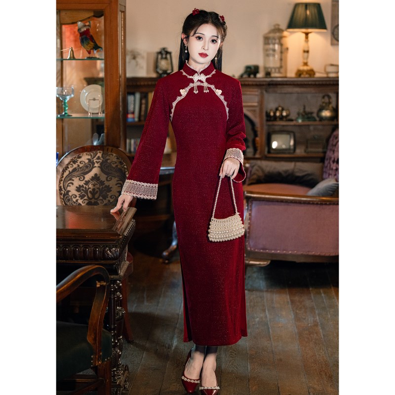 新品红色旗c袍敬酒服新娘冬季长袖订婚礼服裙新中式日常可穿过年图片