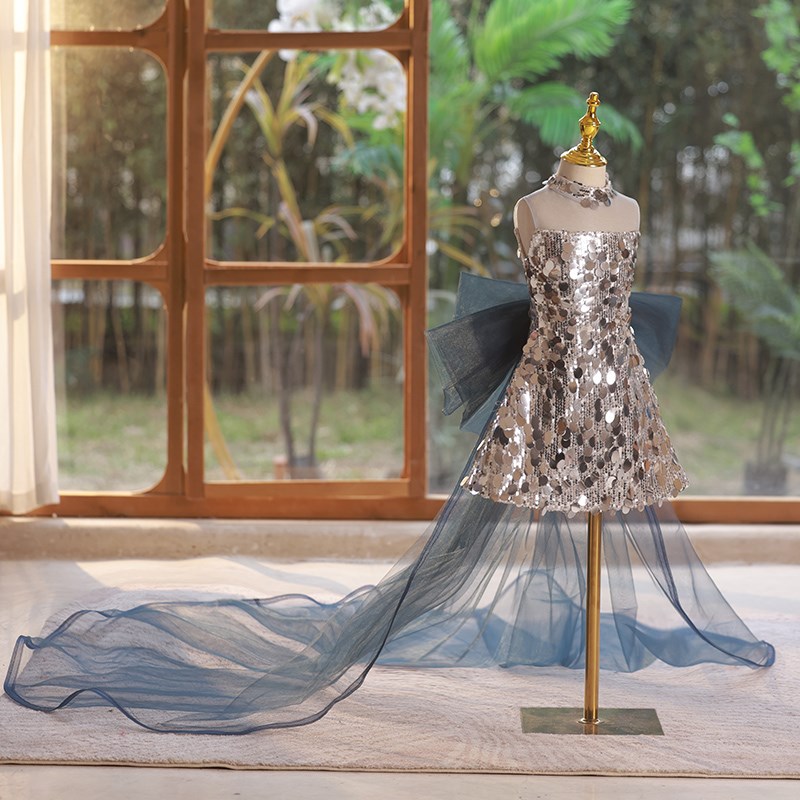 新选儿童礼服女童亮片q轻奢小众高端主持人拖尾小女孩舞台表演钢