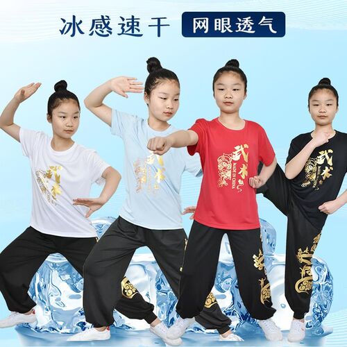 新品冰感武术训练套装速干练功服夏季速干T恤烫金短X袖牛奶丝灯笼