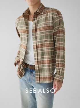SEE ALSO『国王礼物』丝光长绒棉老钱长袖衬衫男复古休闲格纹衬衣