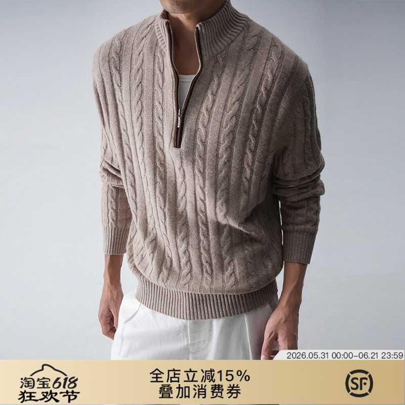 SEE ALSO『羊皮山羊绒』美式复古半拉链针织衫老钱冬季绞花毛衣男