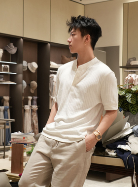 SEE ALSO25年度重磅款亚麻棉16纱织新贵老钱亨利领针织短袖T恤男