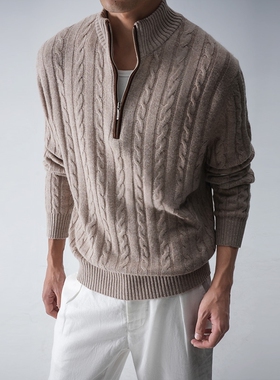 SEE ALSO『羊皮山羊绒』美式复古半拉链针织衫老钱冬季绞花毛衣男