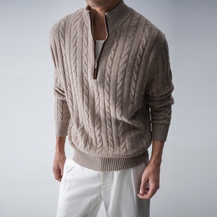 ALSO 老钱冬季 羊皮山羊绒 复古半拉链针织衫 绞花毛衣男 美式 SEE