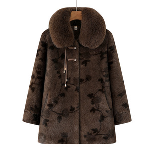 中老年人冬季仿貂绒外套女加肥加大码胖妈妈冬装毛领大衣奶奶棉衣