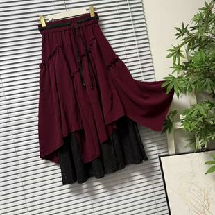 拼接款 1219 民族风潮版 女装 半身裙大摆裙松紧腰 14台湾品牌设计款