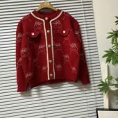 0103 21红色卡通图案针织开衫 女圆领纽扣毛衣减龄小香风上衣