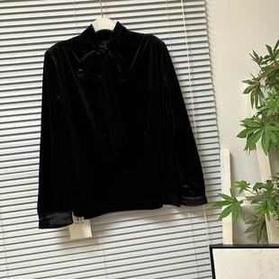 0202-44品牌高货新中式黑色丝绒衬衫女复古气质长袖显瘦优雅上衣