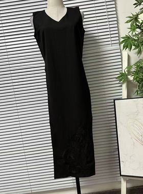 1201-5新中式无袖黑色叠穿马甲罩裙中长款刺绣气质裙